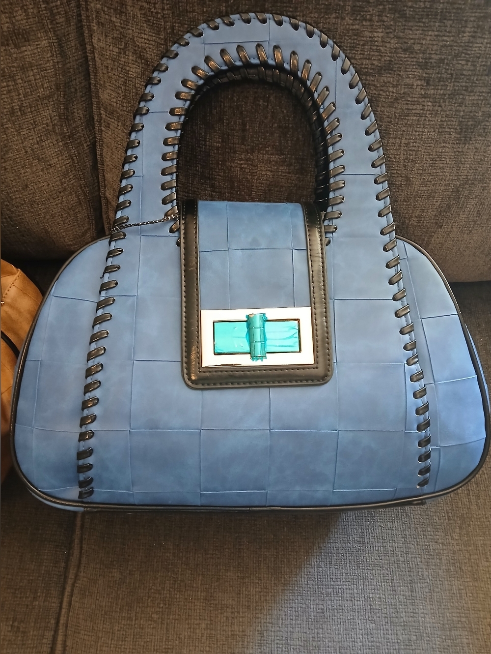Blue and Brown Woven Top-Handle Tote Bag with Turquoise Accent